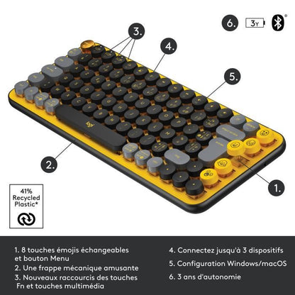 Logitech Wireless Keyboard - Mechanical POP Keys with Customizable Emoji Keys, Bluetooth or USB, Durable Compact Design - Yellow