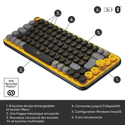 Logitech Wireless Keyboard - Mechanical POP Keys with Customizable Emoji Keys, Bluetooth or USB, Durable Compact Design - Yellow