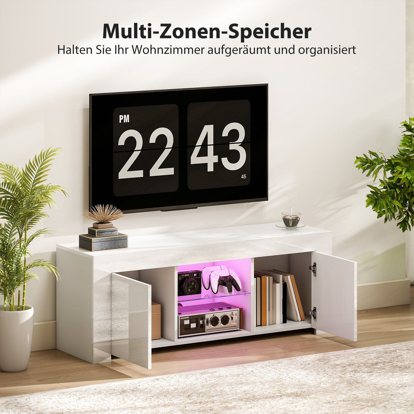 HOMCOM TV-Schrank mit LED-Beleuchtung, 2 Schranktüren, Glasregal, Kabellöcher, für Wohnzimmer, Spanplatte, Weiß