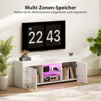 HOMCOM TV-Schrank mit LED-Beleuchtung, 2 Schranktüren, Glasregal, Kabellöcher, für Wohnzimmer, Spanplatte, Weiß