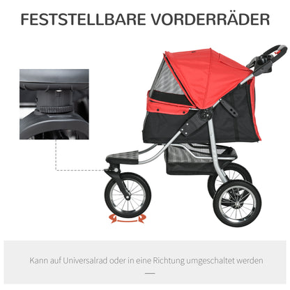 PawHut Hundewagen Hundebuggy mit 3 Rädern klappbar bis 10 kg Oxford Rot+Schwarz 109,5 x 54,5 x 106,5 cm