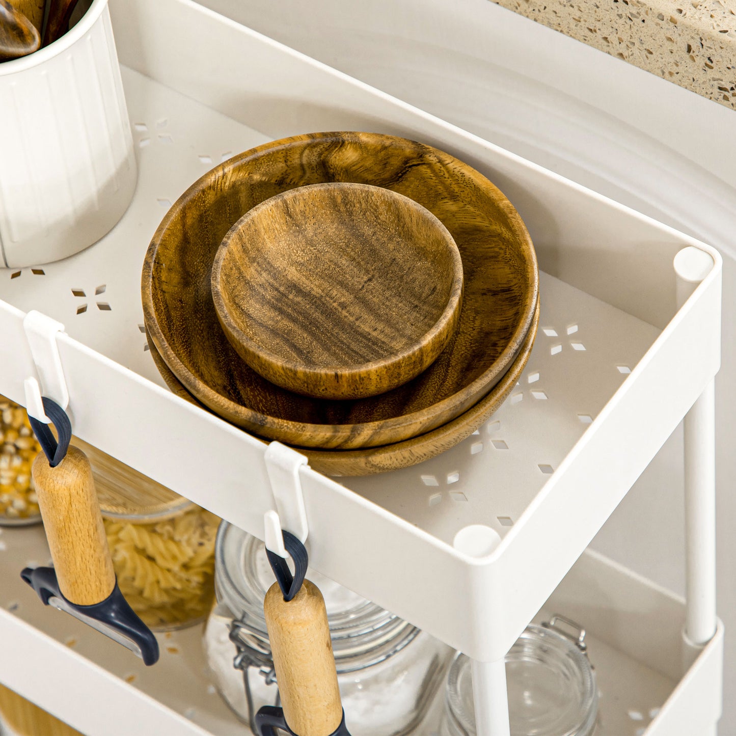 HOMCOM Küchenwagen mit 4 Regalen, 4 flexiblen Haken, 4 Rollen, 40 cm x 19 cm x 90 cm, Nischenwagen, Weiß