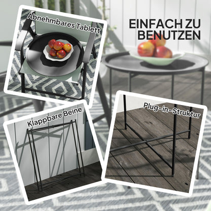 Outsunny Gartentisch, Runder Außen-Beistelltisch aus Stahl mit herausnehmbarem Tablett, faltbares Design, Terrassentisch, Schwarz