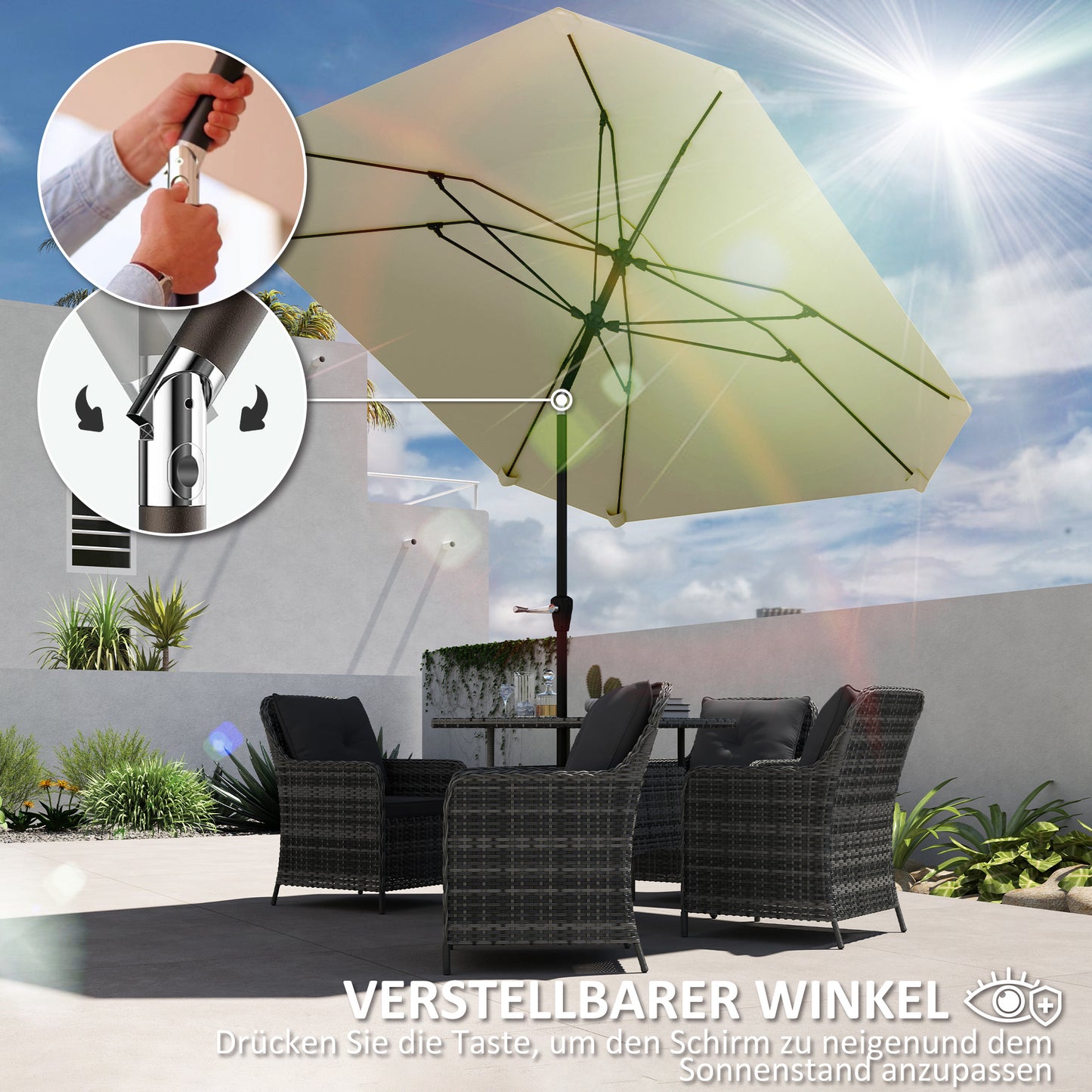Outsunny 2,3 m Sonnenschirm ohne Basis, Verstellbarer Terrassenschirm mit Kurbel, Polyester, Aluminium, Fiberglas, Beige