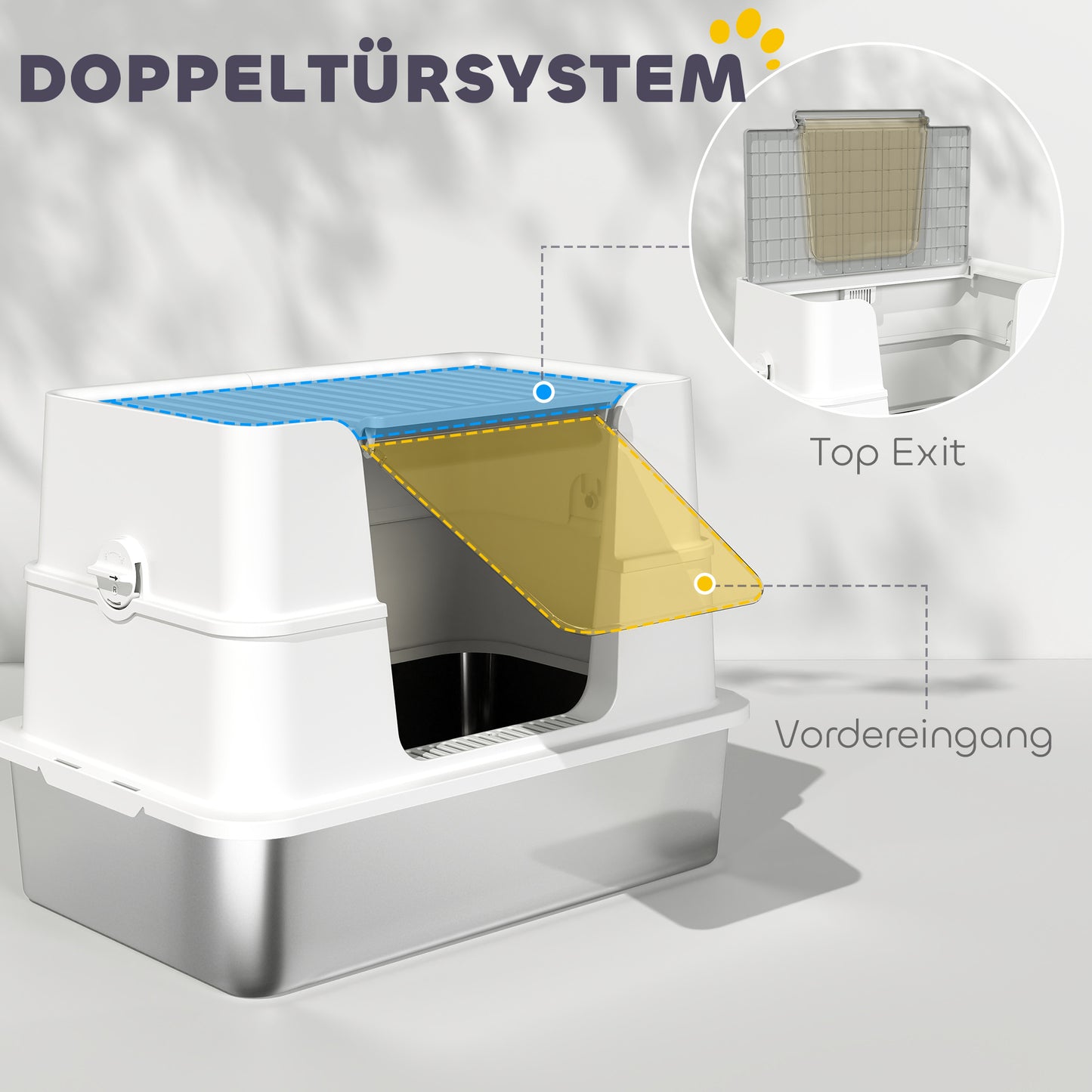 PawHut Katzentoilette, Edelstahl, XL-Innenraum, mit Schaufel, Hellgrau