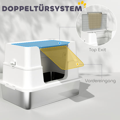 PawHut Katzentoilette, Edelstahl, XL-Innenraum, mit Schaufel, Hellgrau