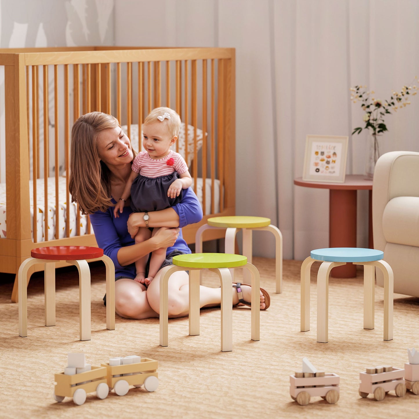 HOMCOM 4 Stapelhocker mit Filzfußpolstern, Birken-Sperrholz, lackiert, Bunt