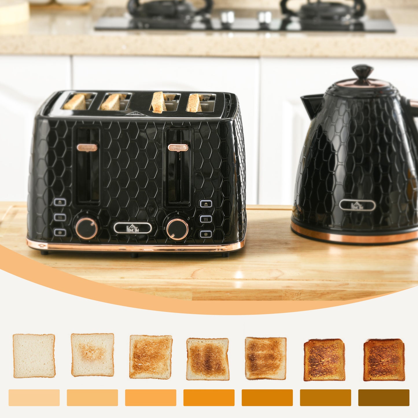HOMCOM 2-in-1 Küchenset, Toaster und Wasserkocher, mehrere Optionen, 1,7 L, 4 Toastscheiben gleichzeitig, Kunststoff, Schwarz
