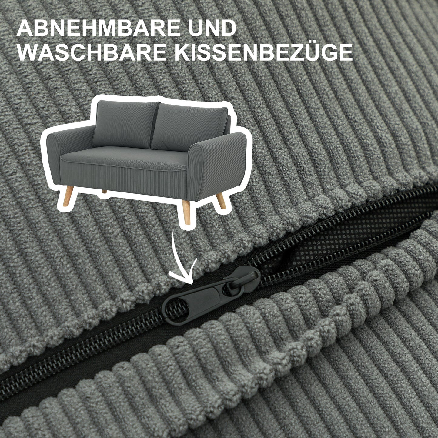 HOMCOM Zweisitzer-Sofa, Stoffcouch, 2 Rückenkissen, Cordbezug, 145 x 75 x 78 cm, Anthrazit