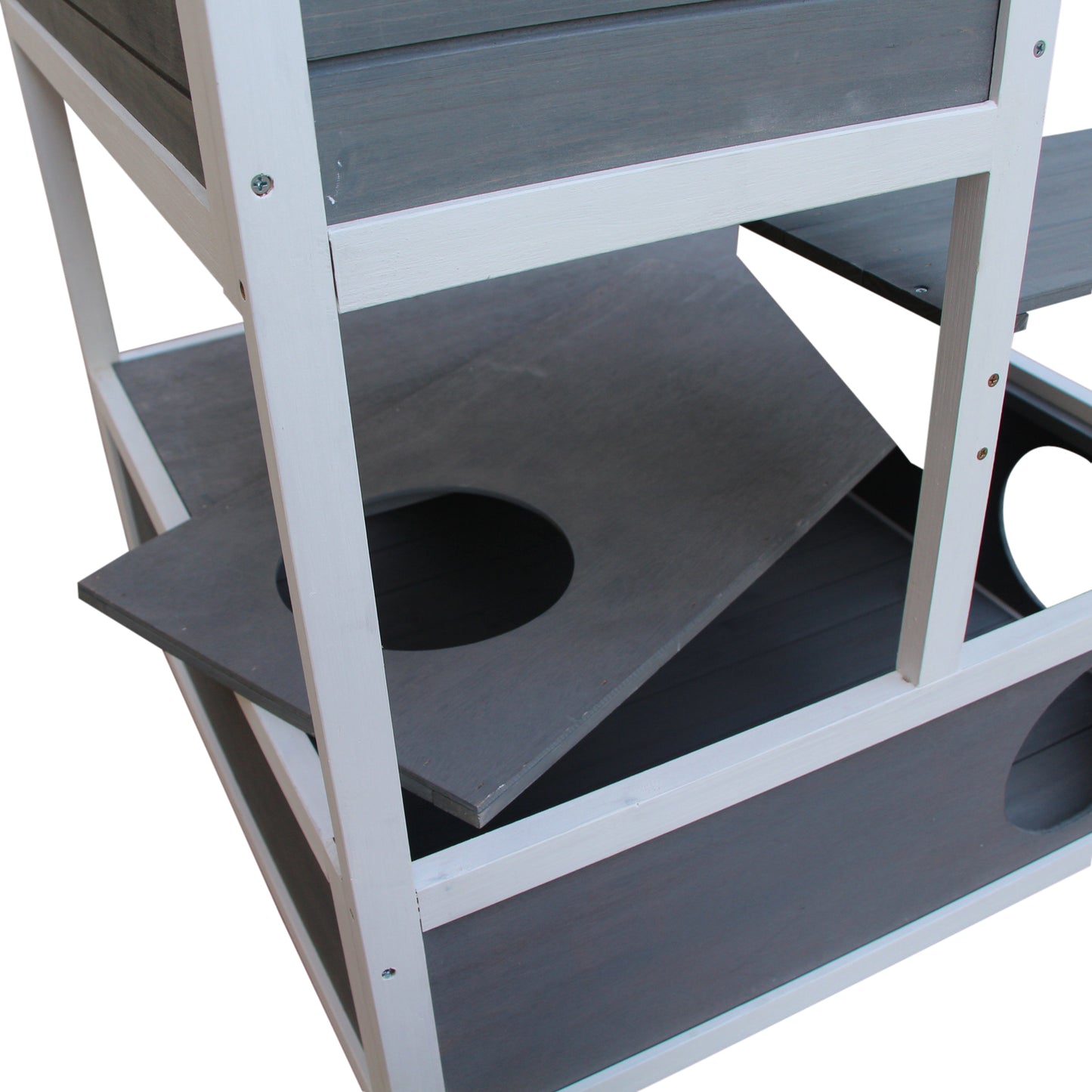 PawHut Katzenhaus, Tannenholz, Katzenhütte für draußen mit Terrasse, Katzenhöhle, 4 Etagen, Katzenvilla mit Treppe, Asphaltdach, Winterfest, Kleintierhaus, Grau, 75,5 x 75 x 137 cm