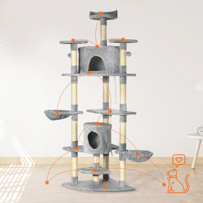 PawHut Kratzbaum mit 2 Hängematten u. 2 Katzenhöhlen inkl. Spielzeug Plüsch Sisalseil Hellgrau
