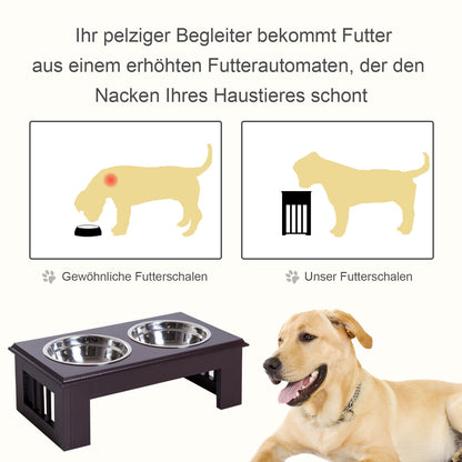 PawHut Erhöhter Hundenapf Futternapf mit 2 Näpfe Wassernapf 2 x 900ml Edelstahlnäpfen Fressnapf Futterstation Hundenäpfe för små Hunde Katzen Espresso