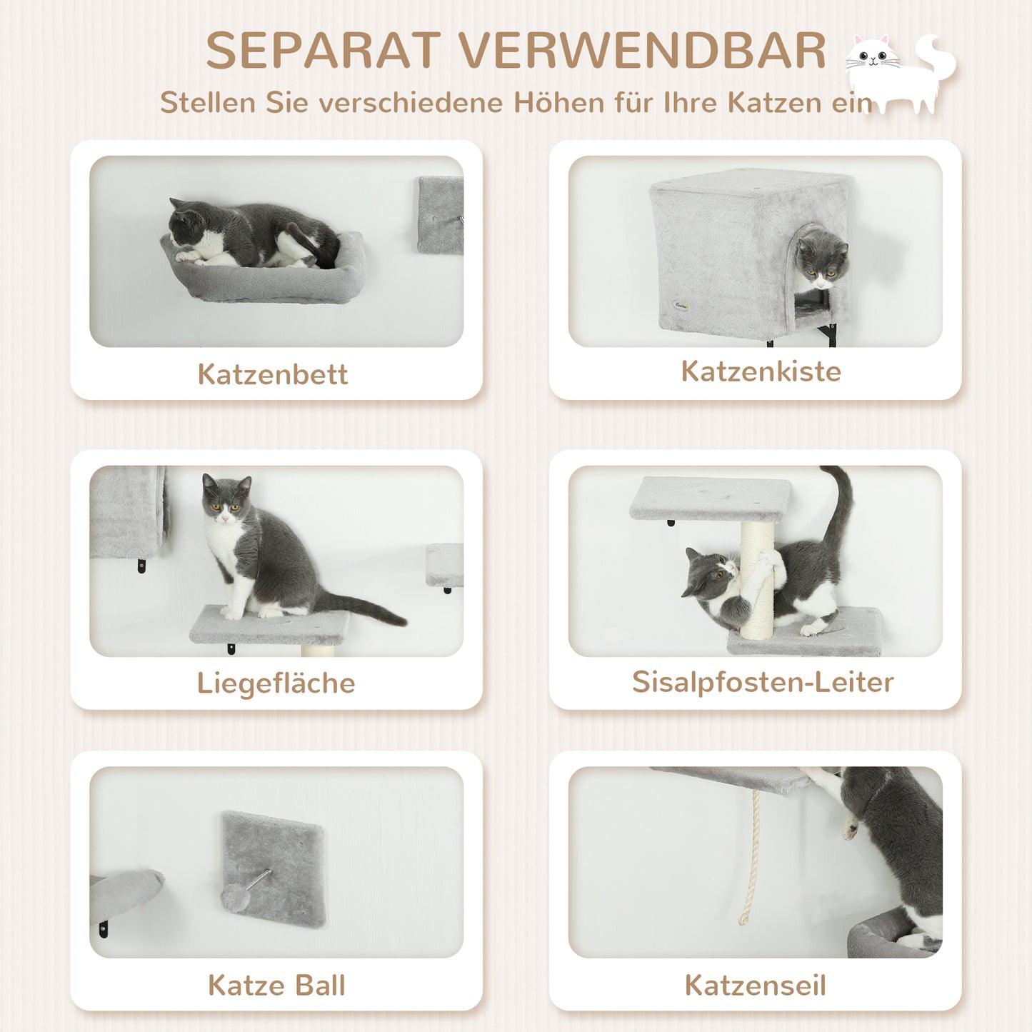 PawHut Kletterwand Katzen 7-teilig Katzen Kletterwand Set med Katzenhaus, Plattform, Plattform Grau