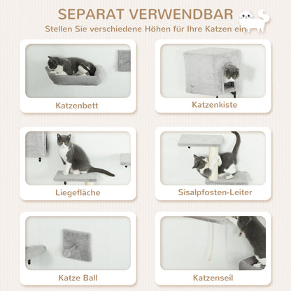 PawHut Kletterwand Katzen 7-teilig Katzen Kletterwand Set med Katzenhaus, Plattform, Plattform Grau
