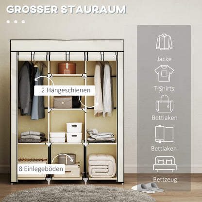 HOMCOM Schrank aus Stoff, Aufbewahrungslösung, 8 Regale, 2 Kleiderstangen, Cremeweiß