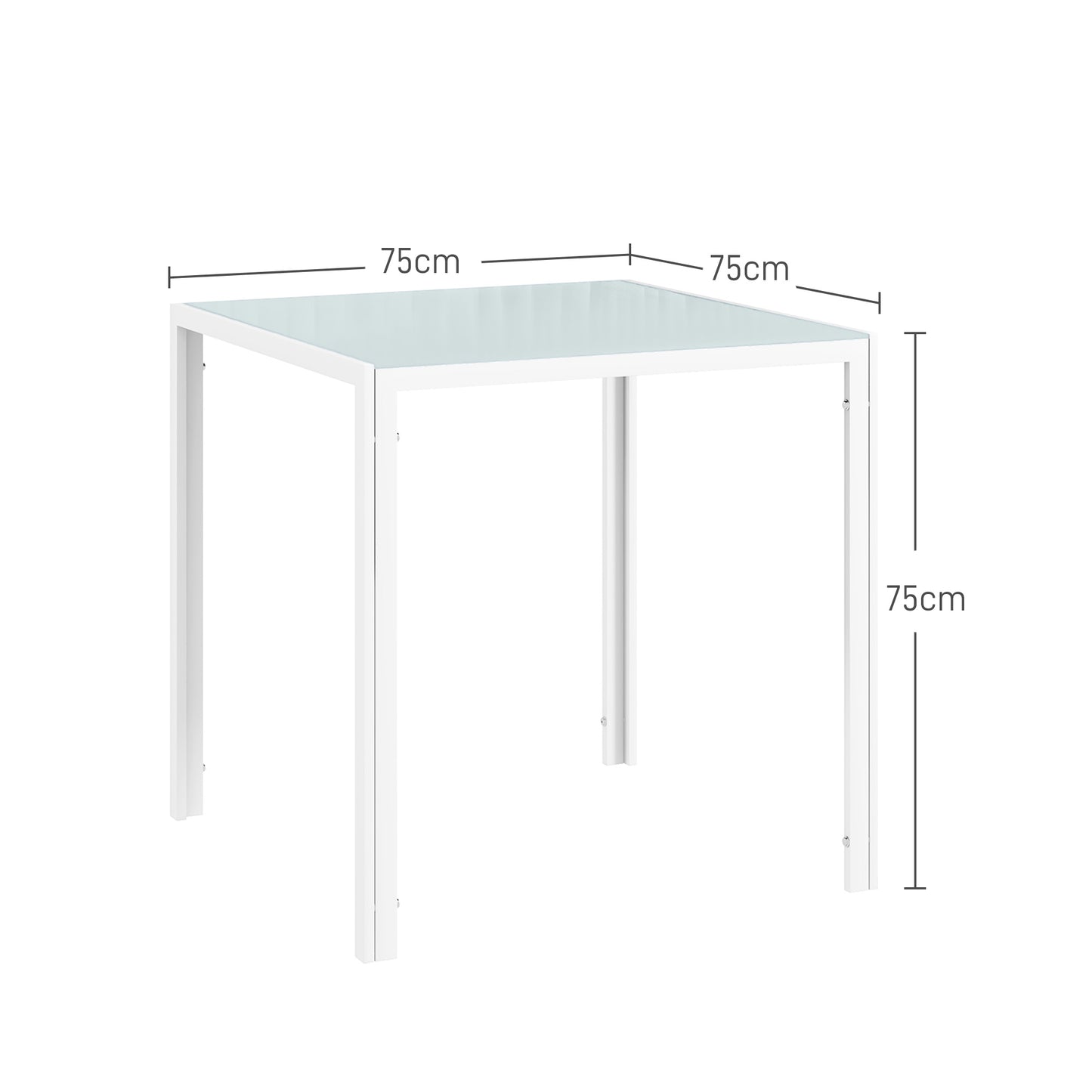 HOMCOM Quadratischer Esstisch für 4 Personen, Tischplatte aus Hartglas, für Küche und Esszimmer, 75 x 75 x 75 cm, Weiß