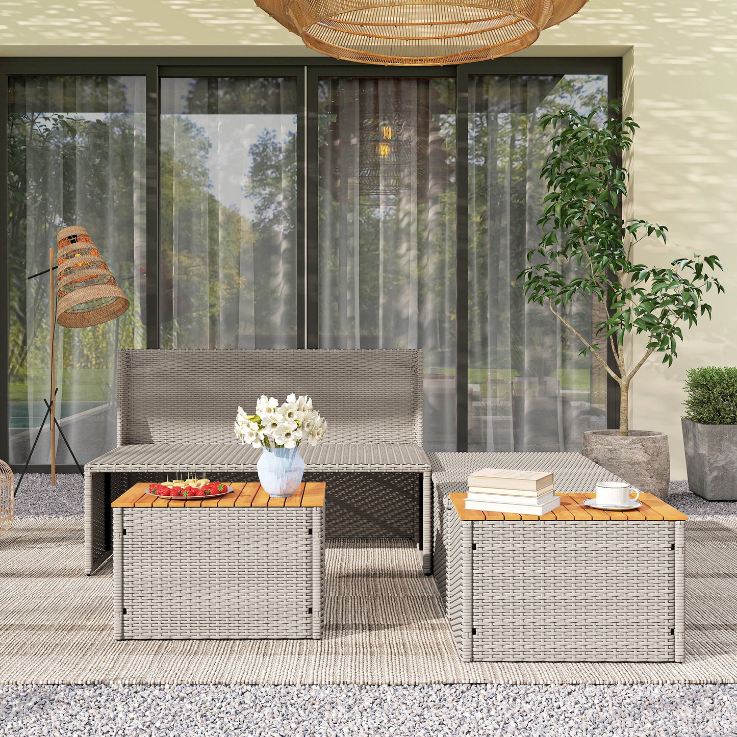 Outsunny Polyrattan Sonnenliege für 2 Personen Doppelliege mit Fußhocker Staurum Auflagen 125x114x72,5 cm Grau