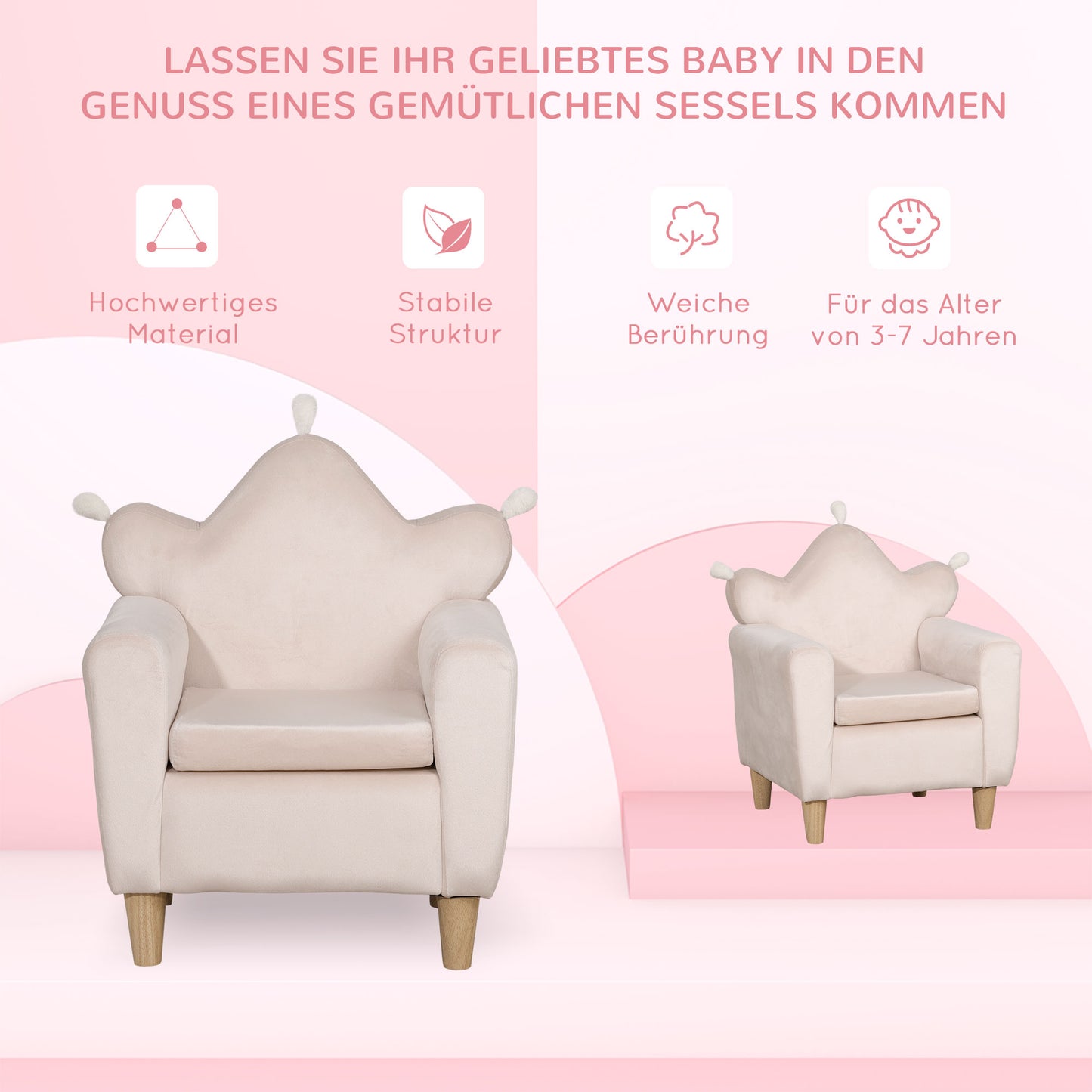 HOMCOM Kindersessel für Kinder 3-5 Jahre, weicher Stoffbezug, Rahmen aus Eukalyptusholz, 50 x 42 x 58cm, hellrosa