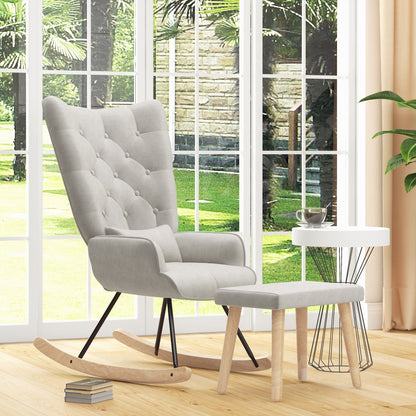 HOMCOM Schaukelsessel mit Hocker, gepolstert, hohe Rückenlehne, Samtoptik, bis 150 kg, Cremeweiß