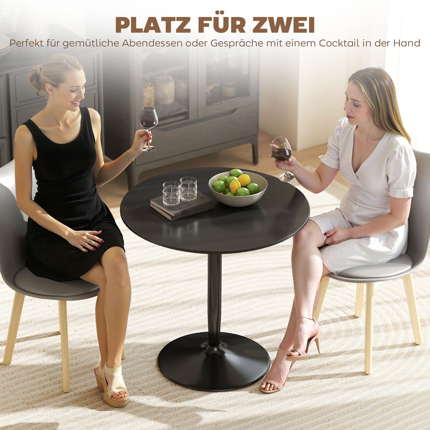 HOMCOM Esstisch für 2 Personen, runde Tischplatte Ø80 cm, MDF und Stahl, rutschfest, Schwarz, 75H cm