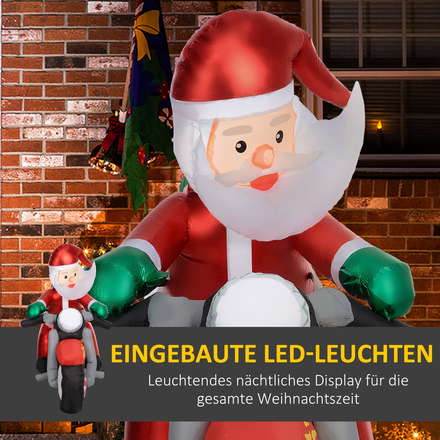 Outsunny Weihnachtsmann auf Motorrad, Gartendeko, LEDs, aufblasbar, wetterfest, 180 x 95 x 170 cm