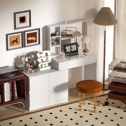 HOMCOM Schminktisch, Make-up-Tisch mit großem Spiegel, 4 Schubladen, 3 offene Fächer, 2 Schränke, MDF, Weiß