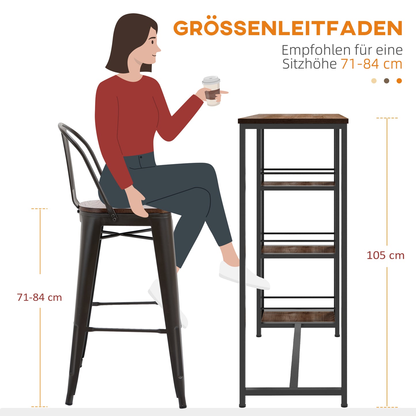 HOMCOM Bartisch Stehtisch Küchentresen, Industriedesign, 3 Regale, 120 x 40 x 105 cm; Schwarz + Braun