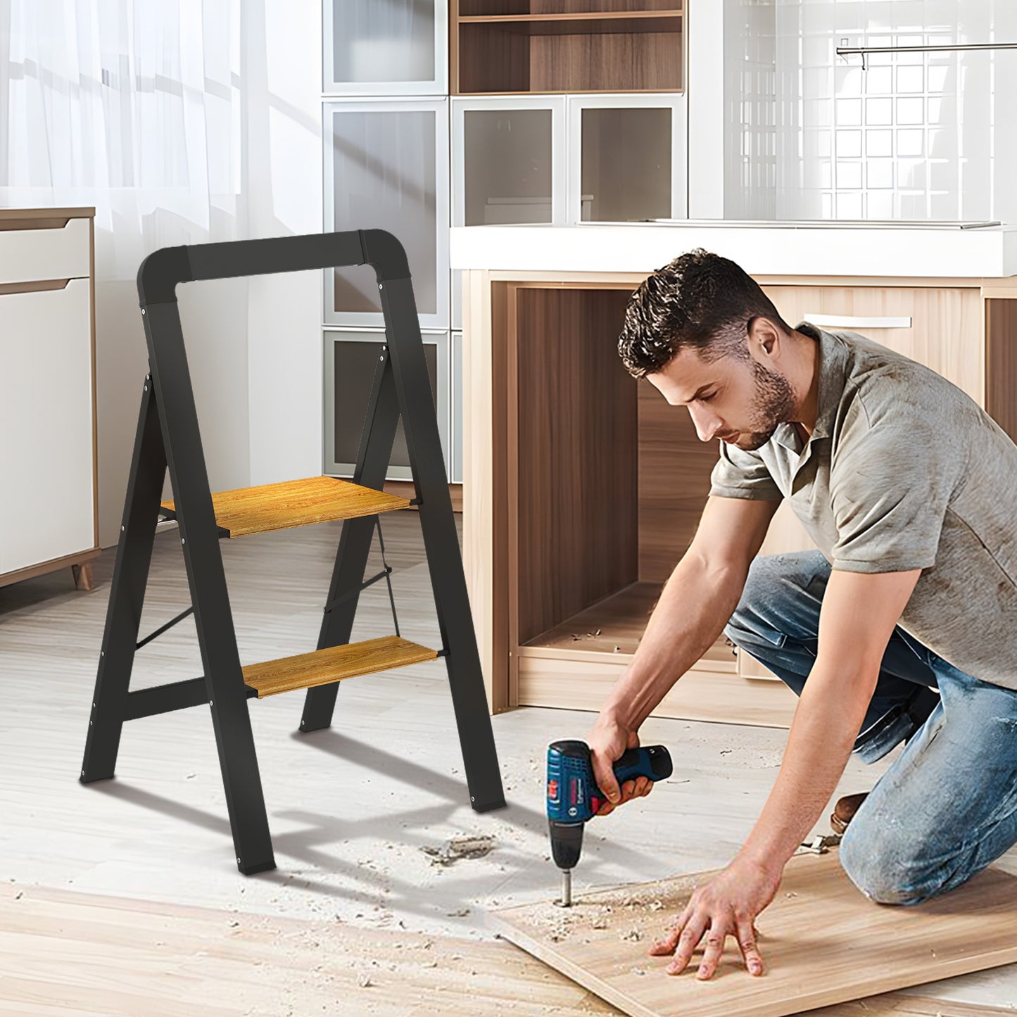 HOMCOM 2-stufige Trittleiter, Metall, faltbar, rutschfeste Plattform, Schwarz