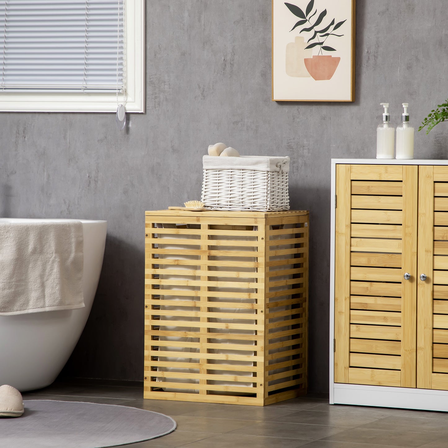 HOMCOM Bambus Wäschekorb mit 63 L Wäschesammler mit Deckel Wäschesack, Stange 44 x 37 x 62,5 cm Naturholz