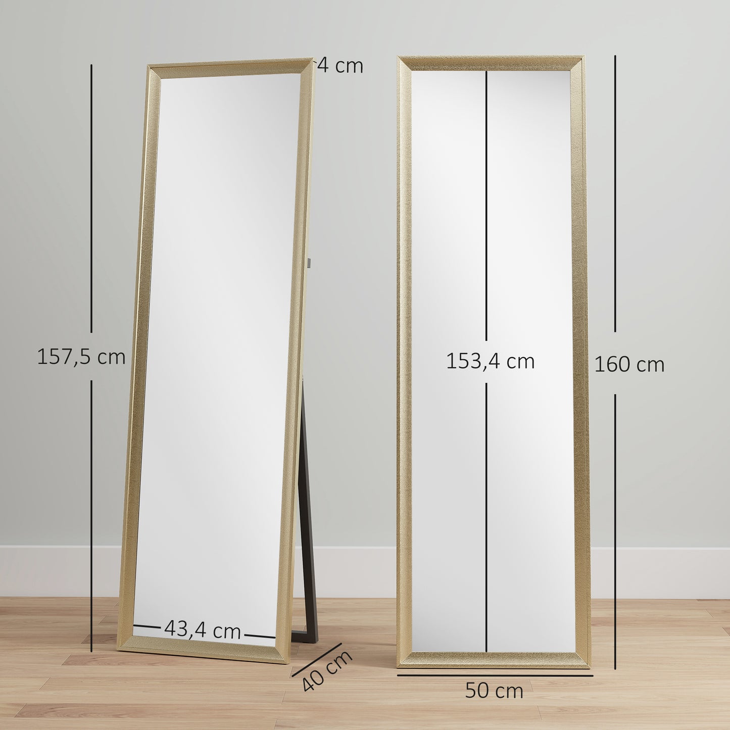 HOMCOM Ganzkörperspiegel, flexibel platzierbar, 160 x 50 cm, Goldton