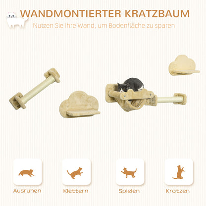 PawHut Katzentreppe, 5-teiliges Set, 2 Kratzstämme, 2 Plattformen mit Plüschbezug, Hängematte, beige
