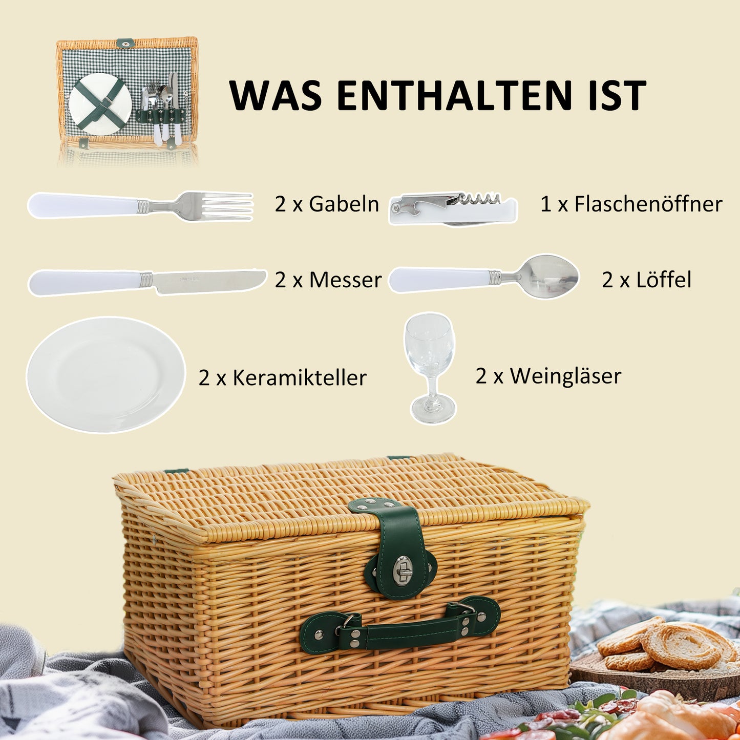 Outsunny Picknickkorb från Weidenholz Picknickkoffer för 2 Personen mit Isoliert Kühlfach Besteck Set Hellbraun