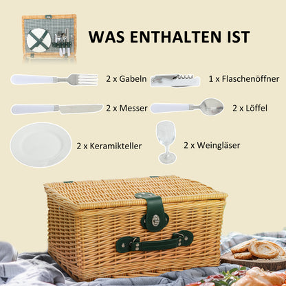 Outsunny Picknickkorb från Weidenholz Picknickkoffer för 2 Personen mit Isoliert Kühlfach Besteck Set Hellbraun