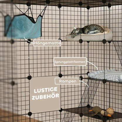 PawHut Katzenkäfig für Drinnen 4-stöckig DIY-Katzengehege mit dichtem Metalldraht Hängematte Rampe Türen Sprungplattformen