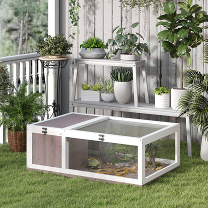 PawHut Schildkrötenhaus aus Holz Schildkrötengehege mit Haupthäusern aufklappbarem Oberseite 91x60,5x32 cm, Braun