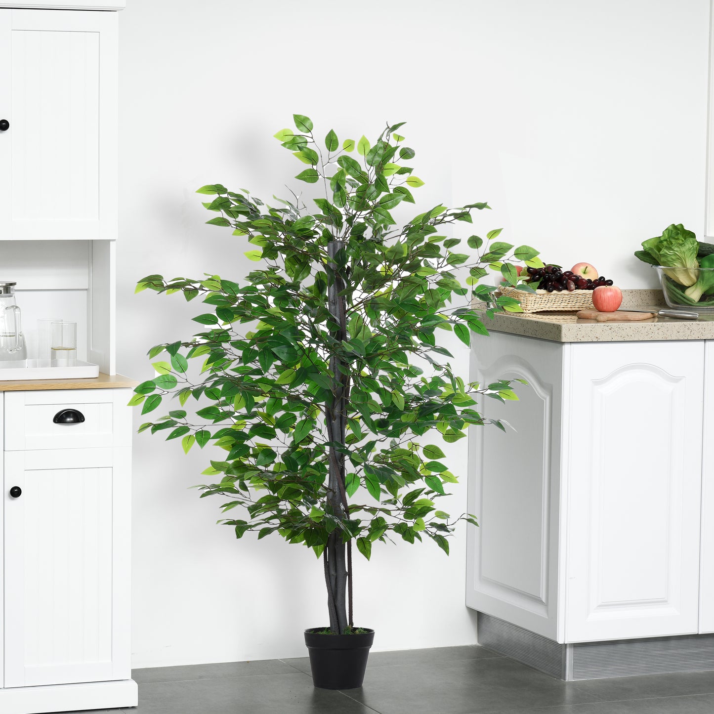Outsunny Künstlicher Ficus-baum groß 145 cm, Kunstbaum, Kunstpflanze, Plastik Künstliche Pflanzen im Topf, Fake Plant wie echt für Wohnzimmer Schlafzimmer Büro Garten Moderne Dekoration Geschenk