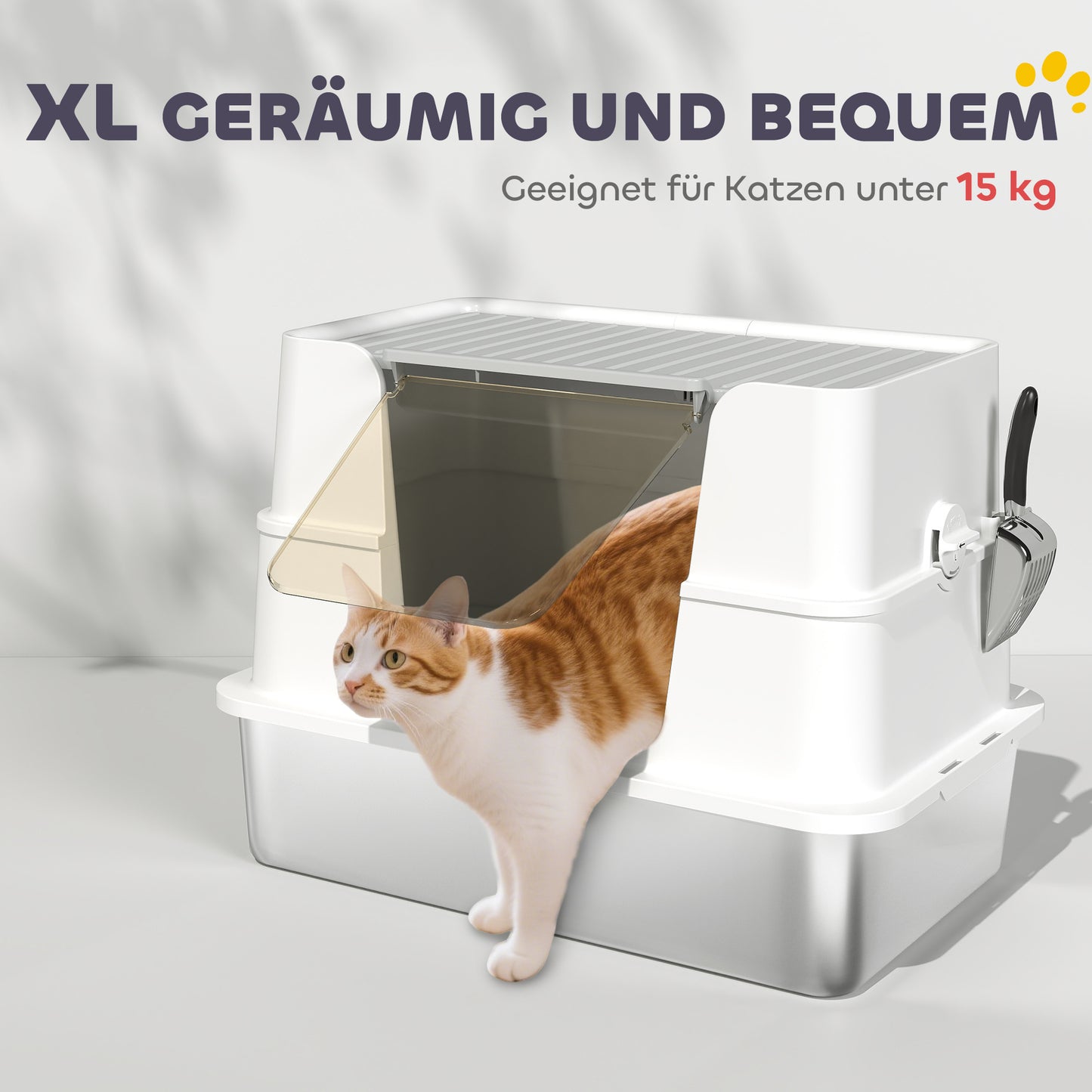 PawHut Katzentoilette, Edelstahl, XL-Innenraum, mit Schaufel, Hellgrau