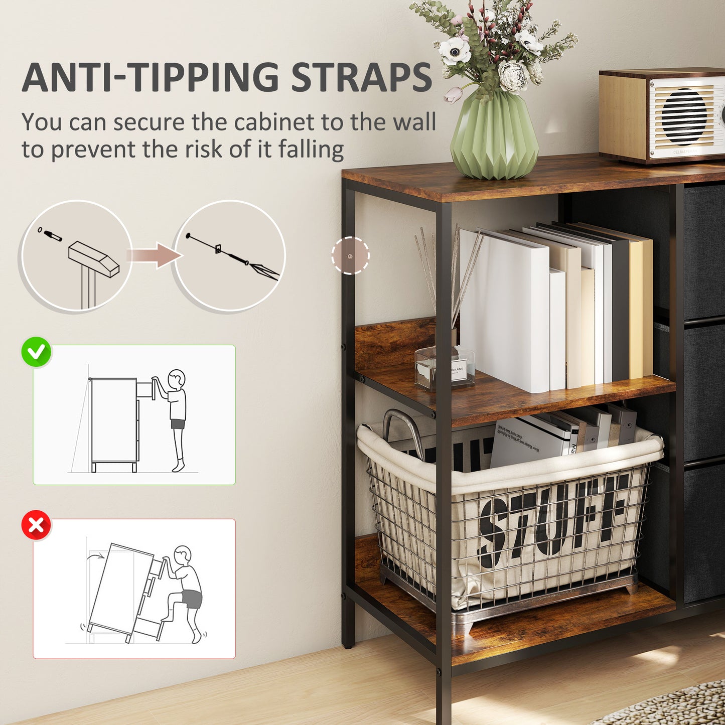 HOMCOM Aufbewahrungs-Kommode, 3 Stoffschubladen, Regale, Metallrahmen, Braun+Grau