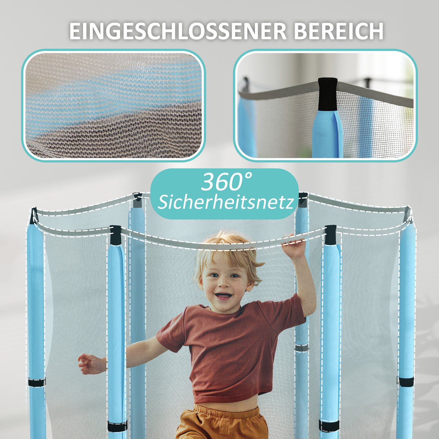 AIYAPLAY Kindertrampolin mit Sicherheitsnetz, für den Innen- und Außenbereich, 3-6 Jahre, Hellblau