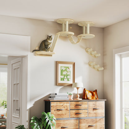 PawHut Katzentreppen-Set, Wand- och Deckenmontage, för Katzen till 5 kg, Beige