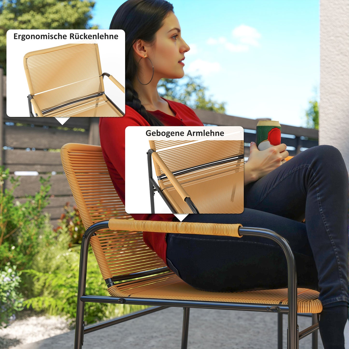 Outsunny 3-tlg. Rattan Bistroset, Sitzgruppe, Gartengarnitur mit 2 Gartensesseln, Couchtisch 54 x 66 x 76 cm Gelb