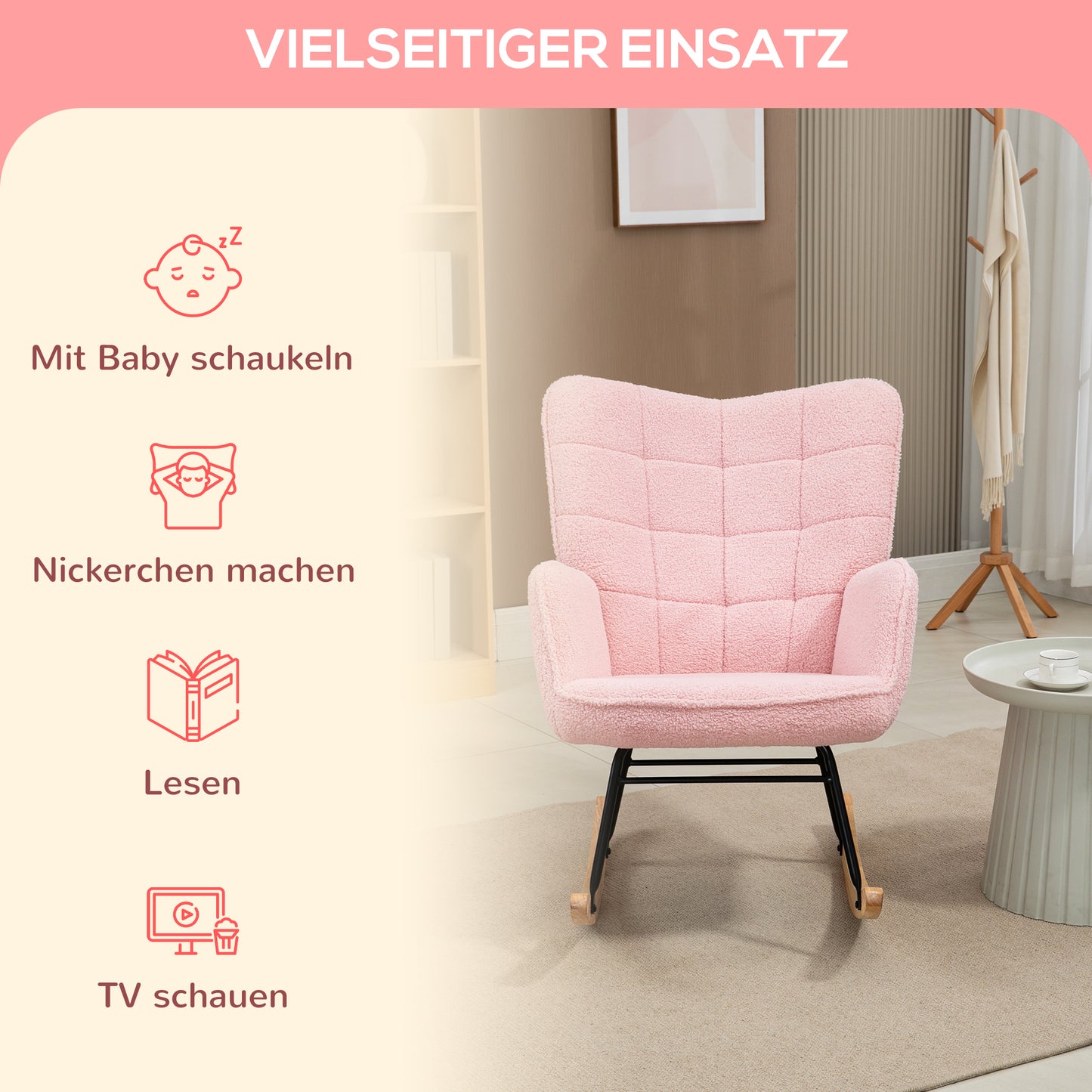 HOMCOM Schaukelstuhl im Retro-Design, Massivholz, Sessel, Relaxsessel, 98 cm x 71 cm x 101 cm, Rosa