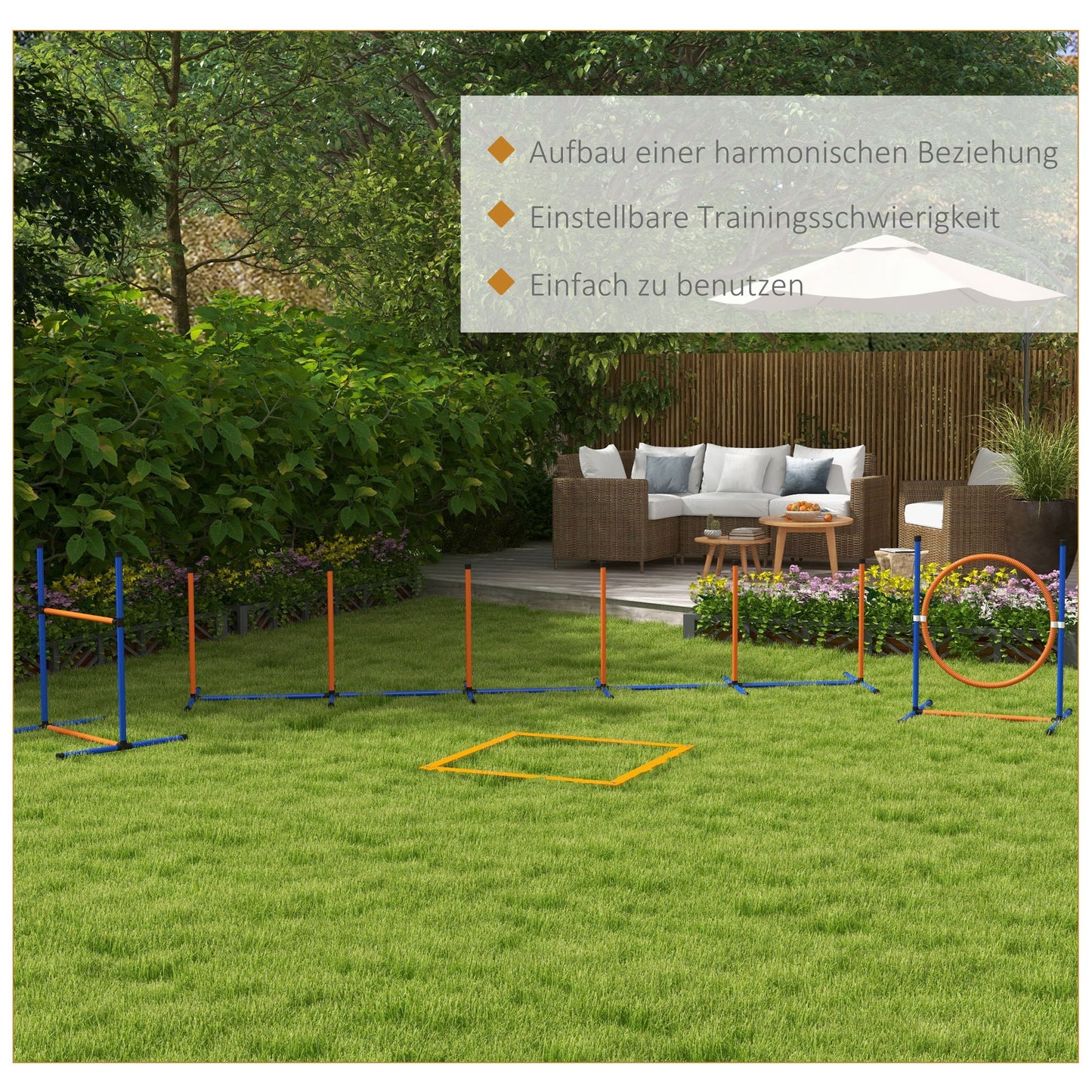 PawHut Hunde-Agiliy-Set Hundeparcours, 1 Reifen, 1 Hürde, 1 Slalom-Set, 352 cm x 66 cm x 69 cm, Blau + Rot