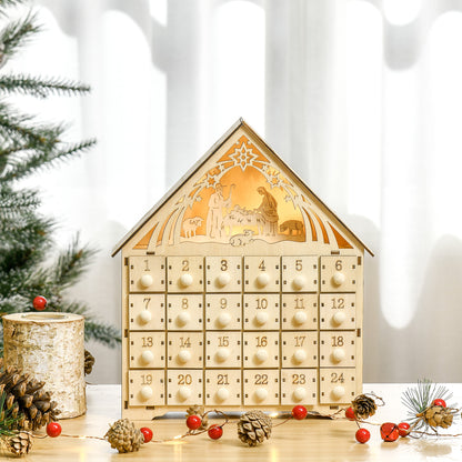 HOMCOM Adventskalender mit LED-Beleuchtung, 24 Schubladen, Krippenszene, 26,6x6x30 cm, Holzoptik