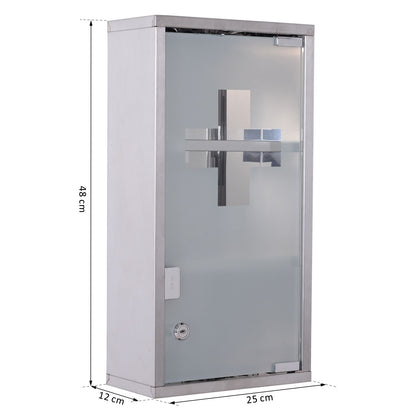 HOMCOM Medizinschrank aus Edelstahl Arzneischrank zur Medikamenten-Aufbewahrung, Abschließbar Medikamentenschrank mit 3 Fächer, Glastür 25 x 12 x 48 cm, Silber