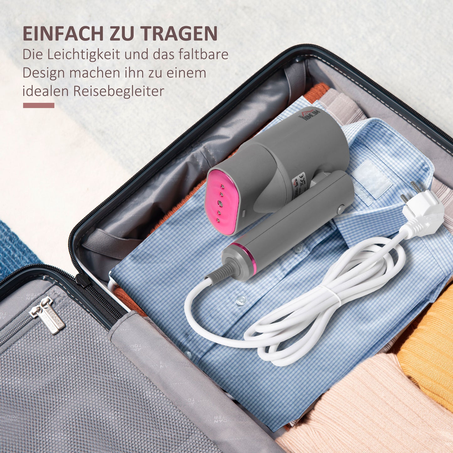 HOMCOM Dampfglätter Dampfbürste Steamer Reisebügeleisen faltbar Kleidung Hemden Dampfbügeleisen mit 160 ml Wassertank 1520 W schnelles Aufheizen Aluminium Kunststoff Grau+Rosa 27,5 x 18,2 x 9 cm