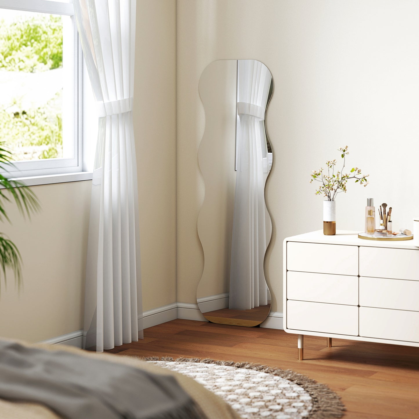 HOMCOM Ganzkörperspiegel ohne Rahmen, Holzbasis, flexibel platzierbar, Wellenform, Schwarz