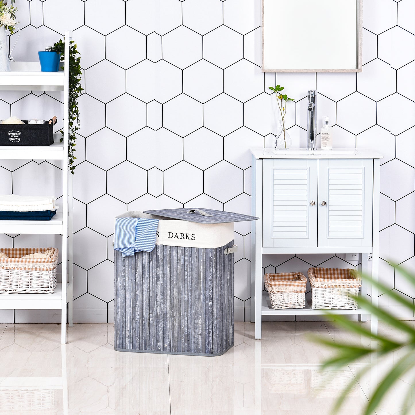 HOMCOM Bambus Wäschekorb mit Deckel 100 L Wäschesammler mit PU-Griffen, Wäschesack aus Segeltuch, Laundry Baskets Wäschesortierer für Waschküche Schlafzimmer Badezimmer Grau