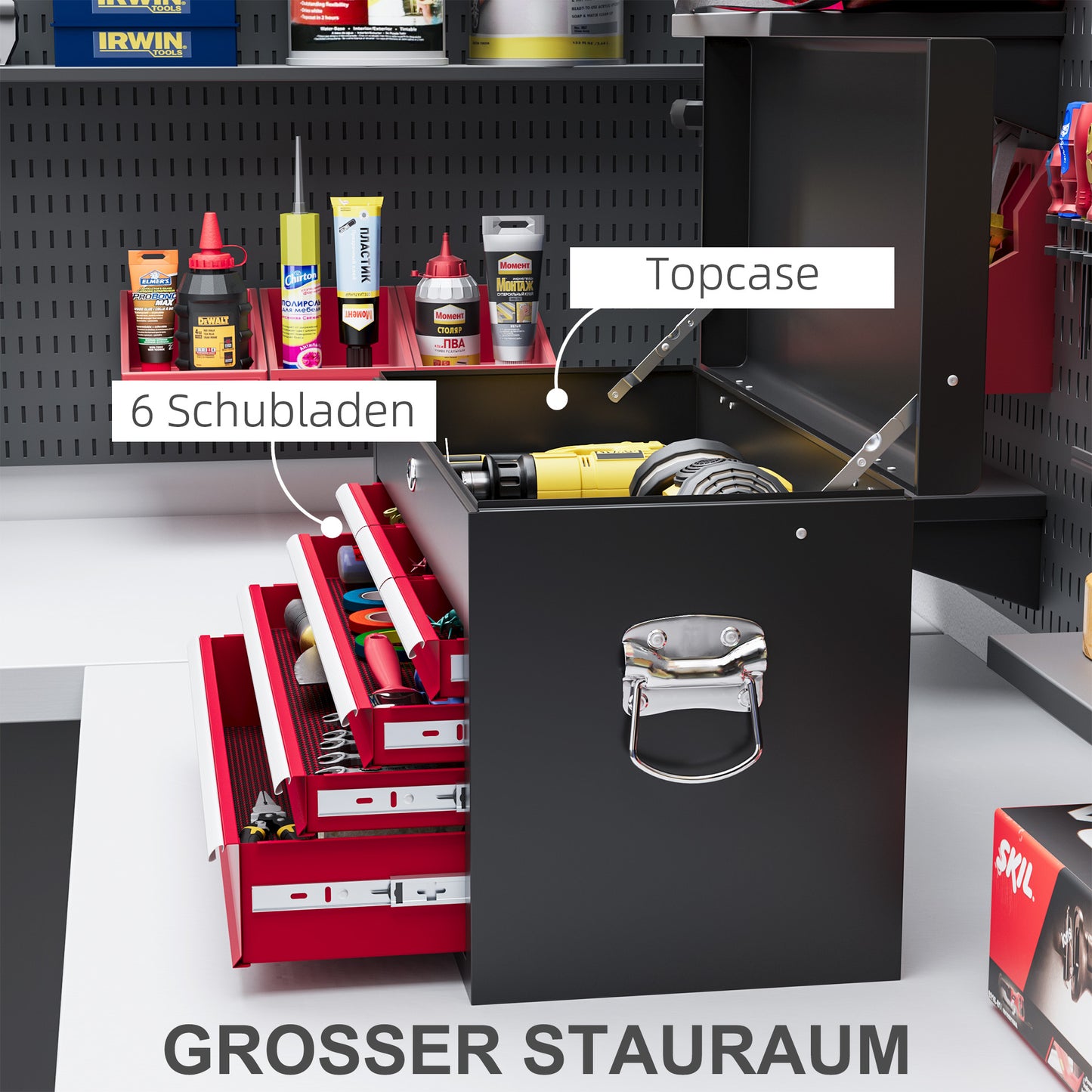 HOMCOM Werkzeugkiste, abschließbar, 3 Schubladen, Stahlgehäuse, 60x26x34cm, Rot+Schwarz