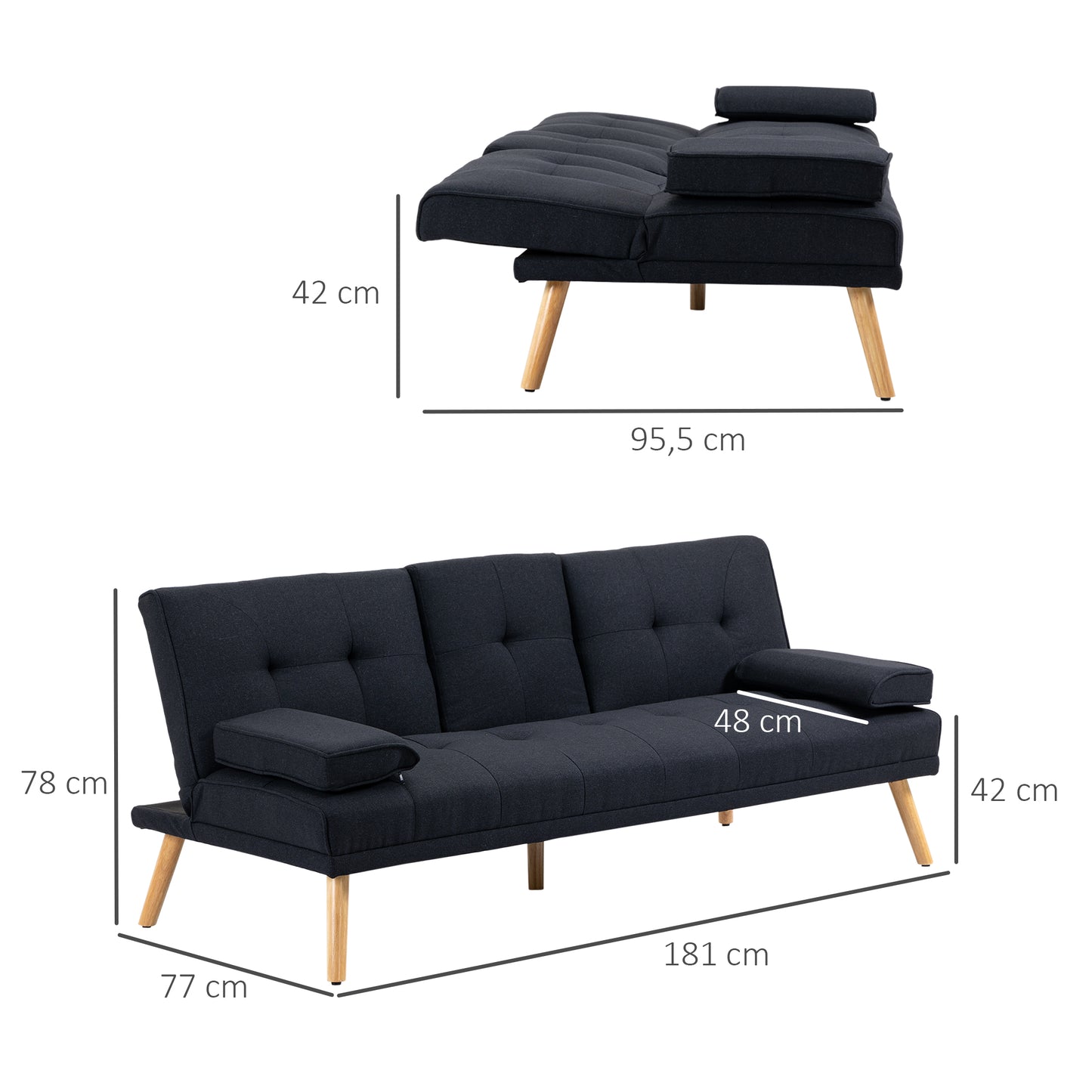 HOMCOM Schlafsofa, Gästebett, verstellbare Rückenlehne, klappbarer Tisch, 181x77x78 cm, Schwarz